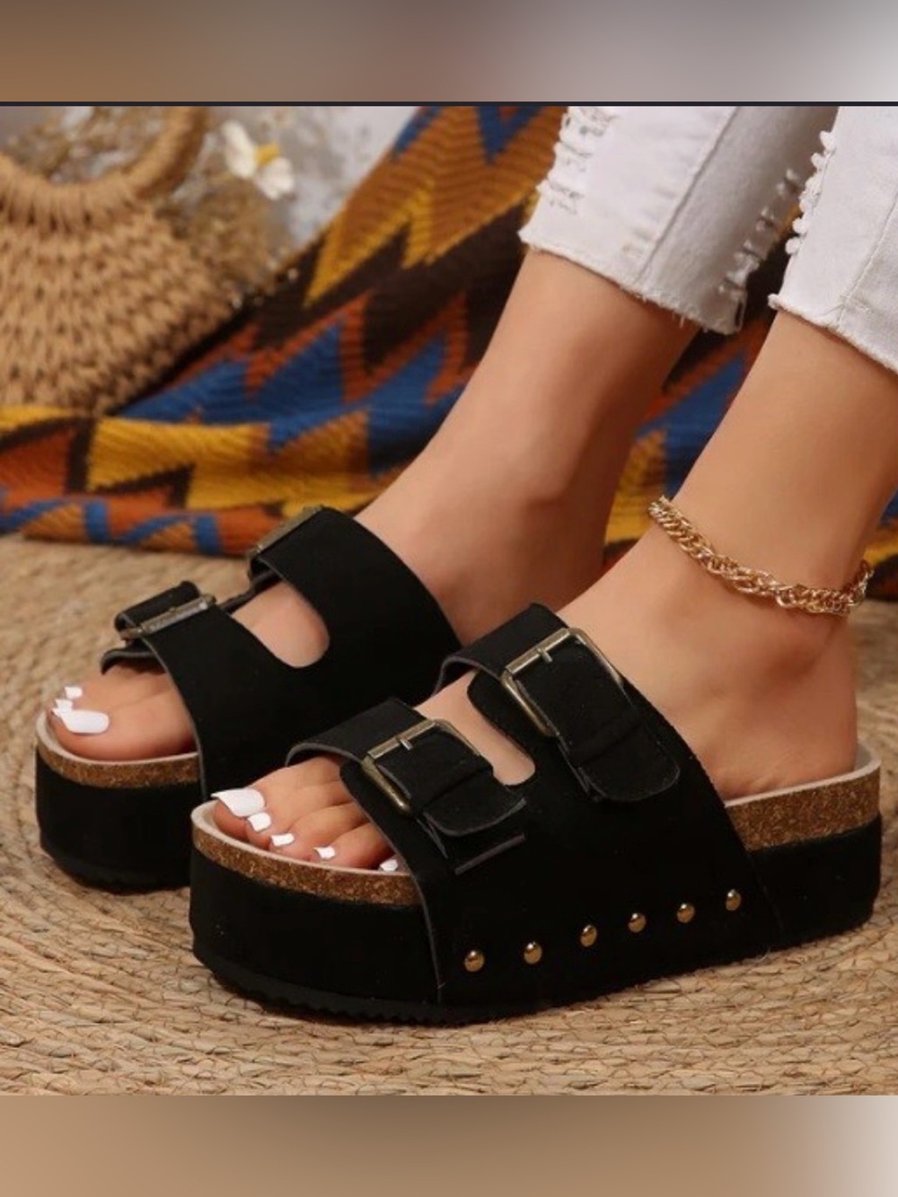 Nordstrom Black Platform Buckle Sandals with Stud Trim Size 8.5